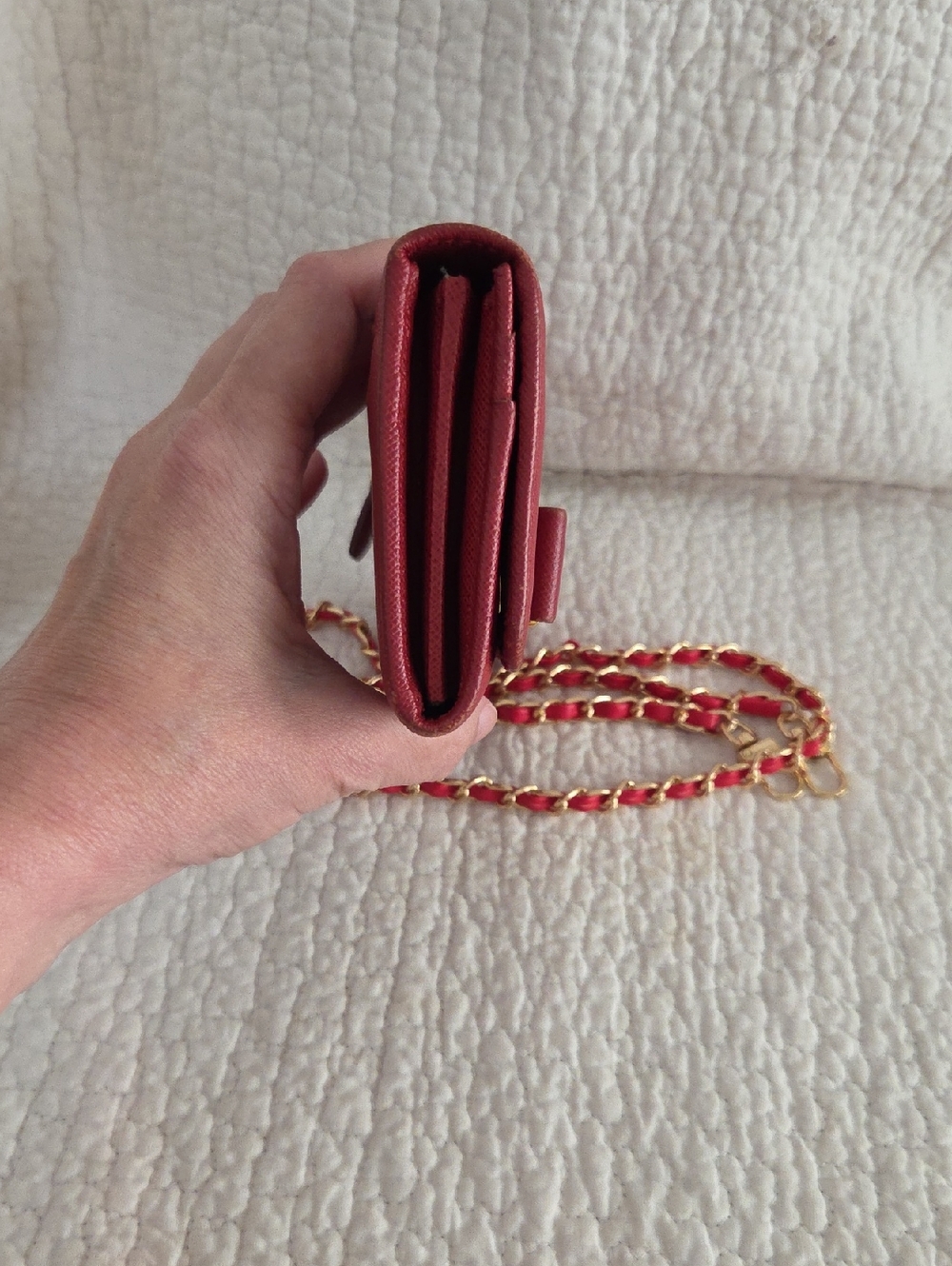 Prada Red Saffiano Leather Crossbody with unbranded red and gold chain - Picture 4 of 9